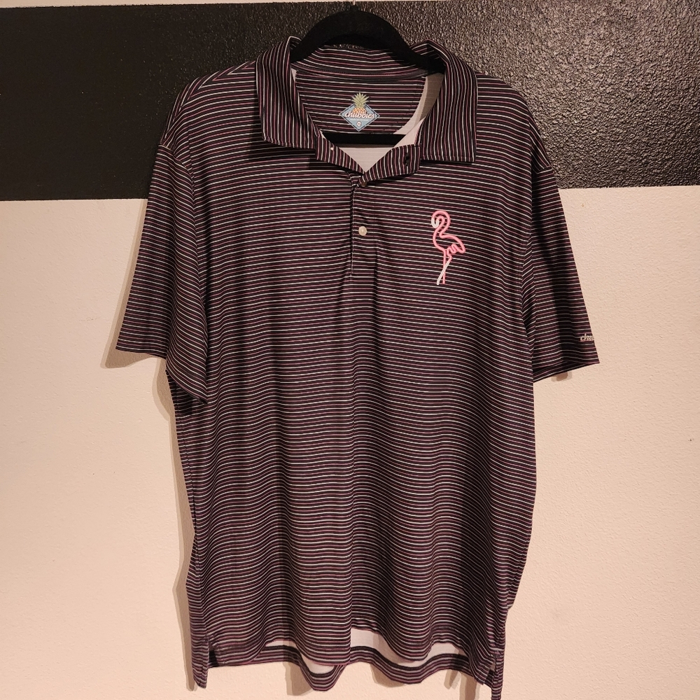 Chubbies Polo with Navy Blue, Pink, and White Stripes and Pink Flamingo Size XL
